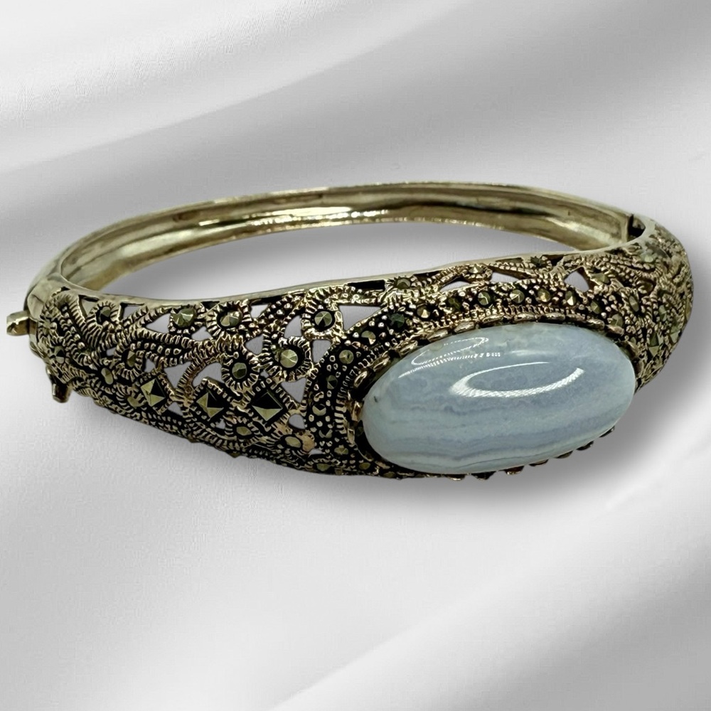 Vintage Sterling Silver Marcasite & Blue Lace Agate Hinged Bangle Bracelet 6.5-7 - Picture 3 of 17